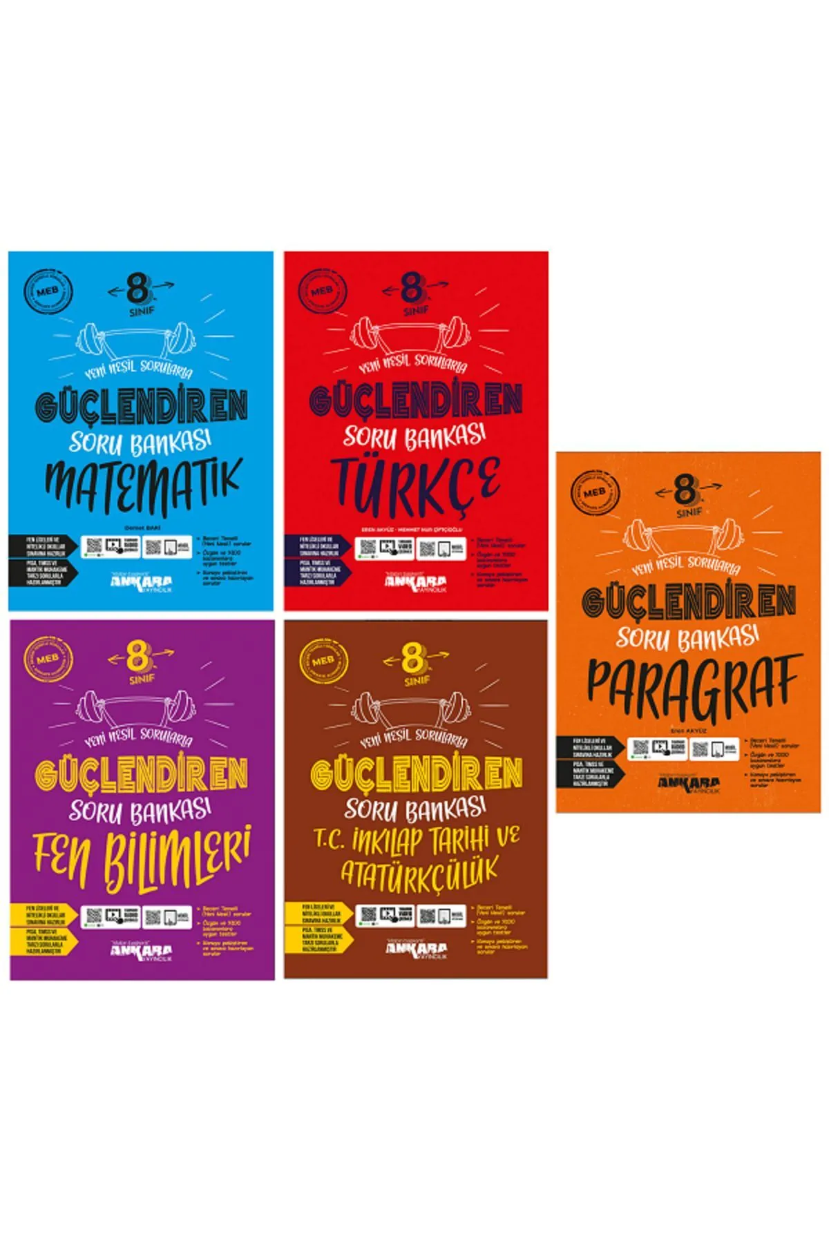 8.Sınıf Ankara Güçlendiren Matematik-Türkçe-Fen-İnkılap-Paragraf Soru Bankaları SET 5 KİTAP