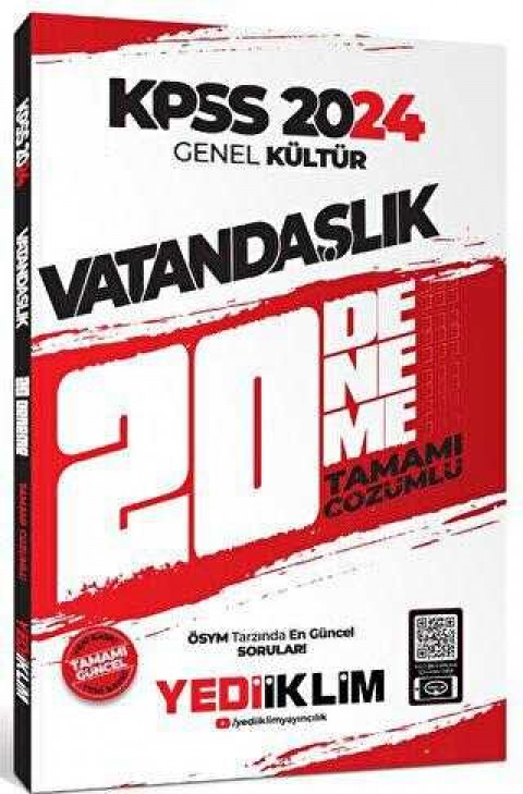 Yediiklim Yayınları 2024 KPSS Genel Kültür Vatandaşlık Tamamı Çözümlü 20 Deneme