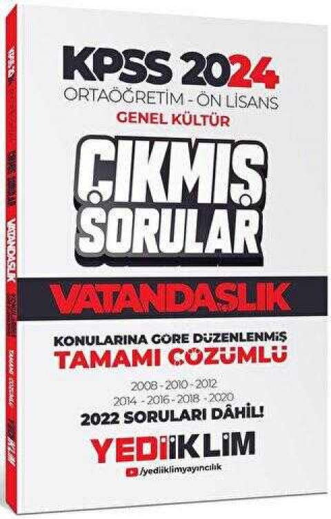 Yediiklim Yayınları Yediiklim 2024 KPSS Ortaöğretim Ön Lisans Genel Kültür Vatandaşlık Tamamı Çözümlü Çıkmış Sorular